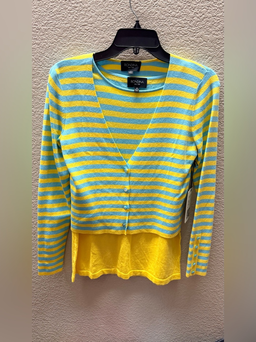 Rondina Striped V-Neck Cardigan Set with Tank Top in Yellow & Aqua NWT $265 S/M